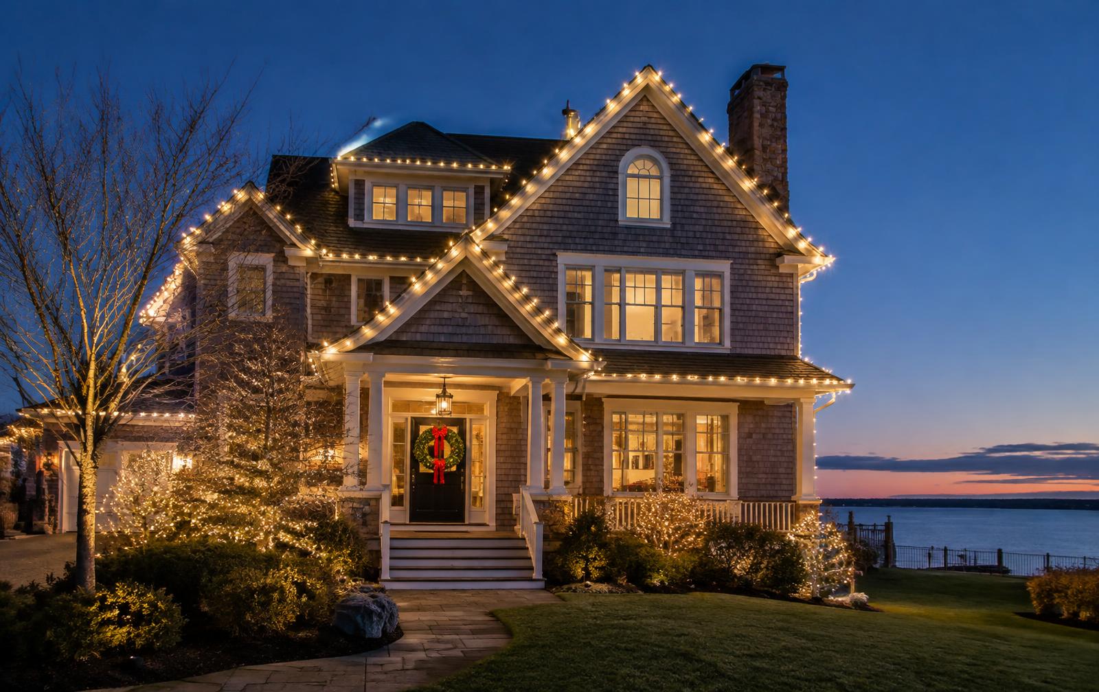 Coastal home with professionally installed warm white Christmas lights at dusk
